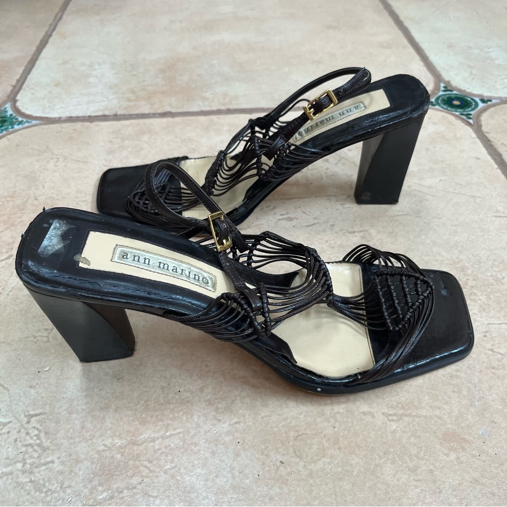 Strappy woven leather heeled sandals